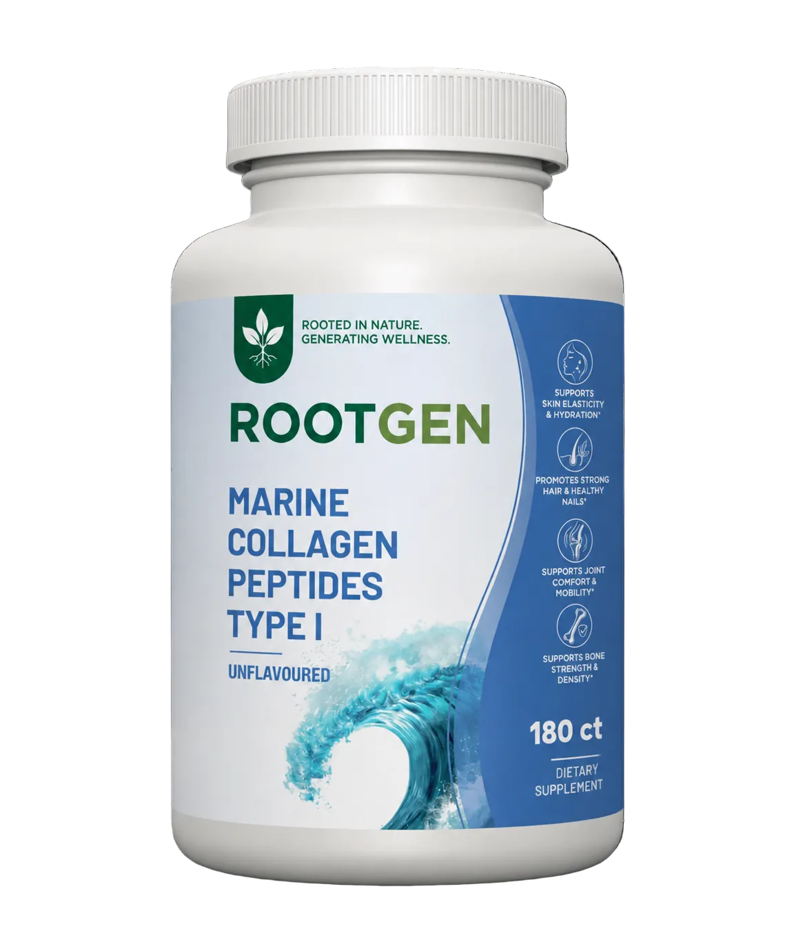 A bottle of Rootgen Marine Collagen Peptides Type I dietary supplement.