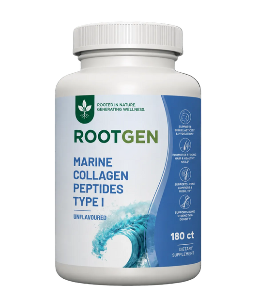 A bottle of Rootgen Marine Collagen Peptides Type I dietary supplement.